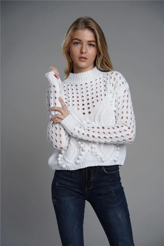 Solid Color Loose Round Neck Custom Jumper Women Knitwear Hollow Sweater