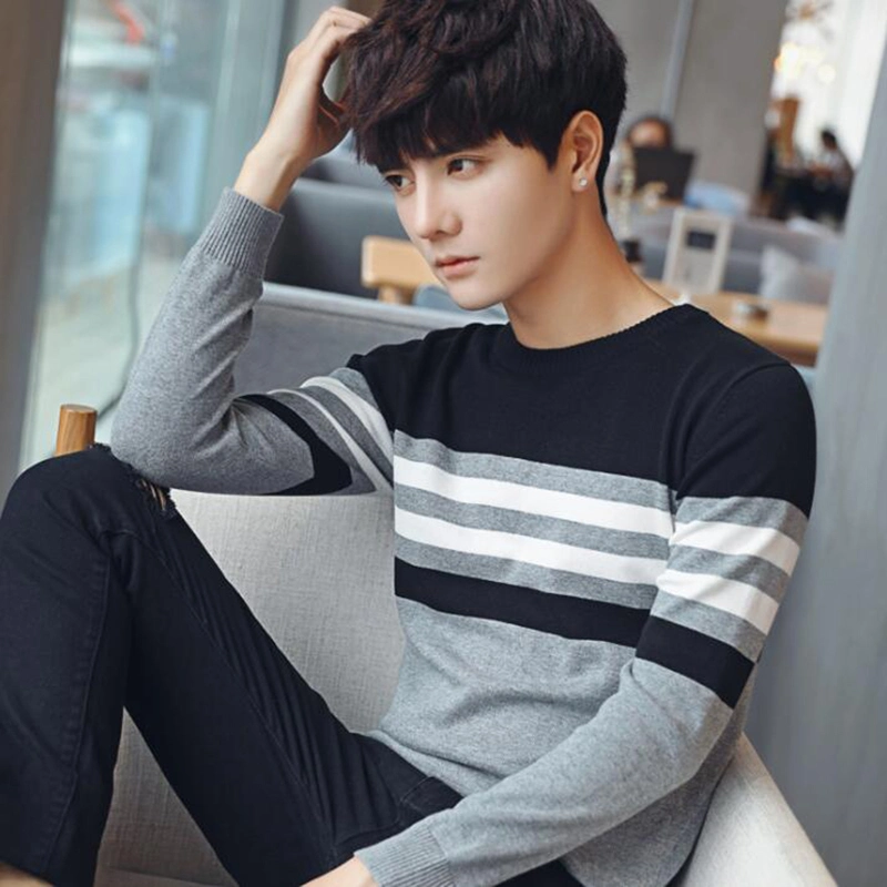 Korean Style Mens Loose Cotton Striped Round Neck Sweater Pullovers