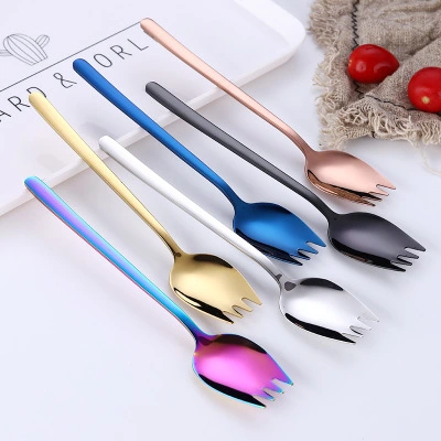 304 Stainless Steel Salad Fork Fork Long Handle Spoon and Fork One Fruit Salad Spoon Noodle Fork Creative Titanium Plated Gold Tableware