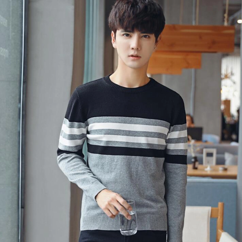 Korean Style Mens Loose Cotton Striped Round Neck Sweater Pullovers