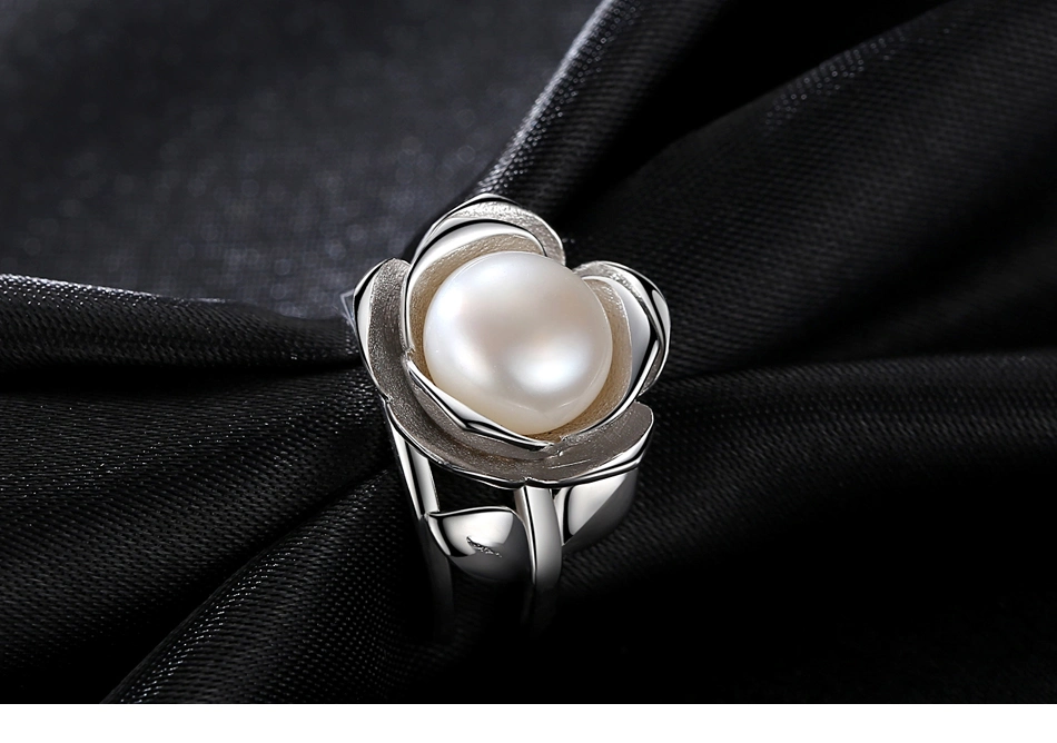 Rose Flower Shape Platinum Gold Plated Silver Freshwater Pearl Rings