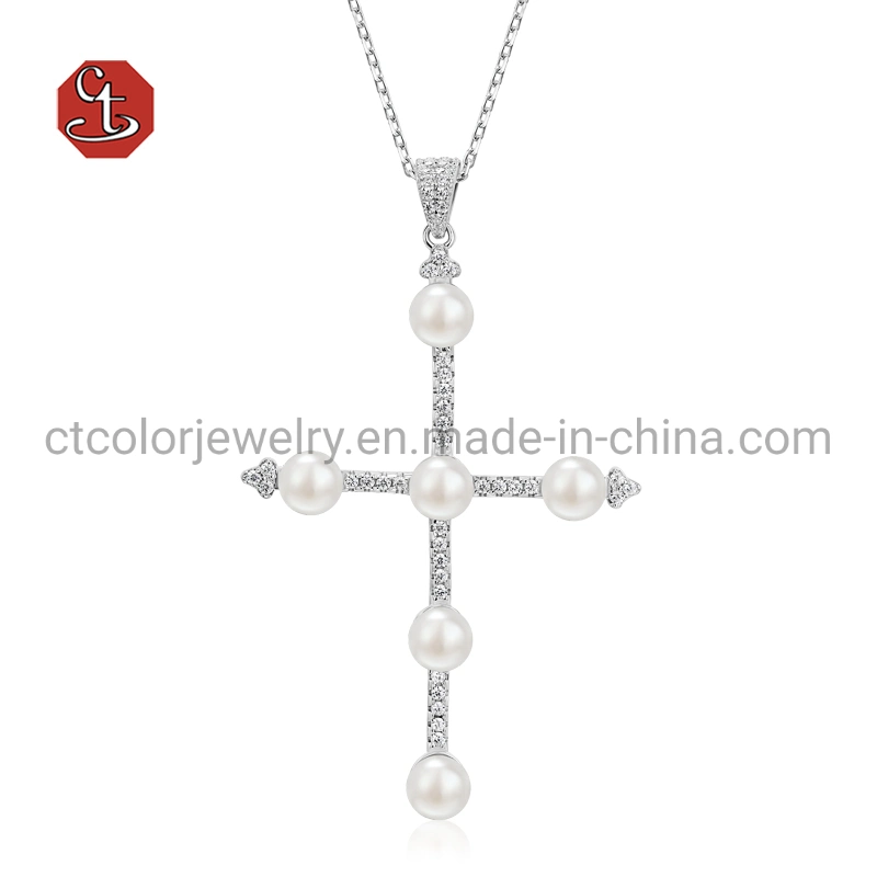 Fashion Sterling Silver Jewellery CZ Cross Double Layered Girl Pearl Necklace