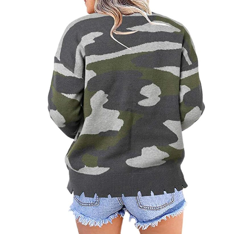 Winter Loose Womens Irregular Round Neck Camouflage Print Sweater Tops