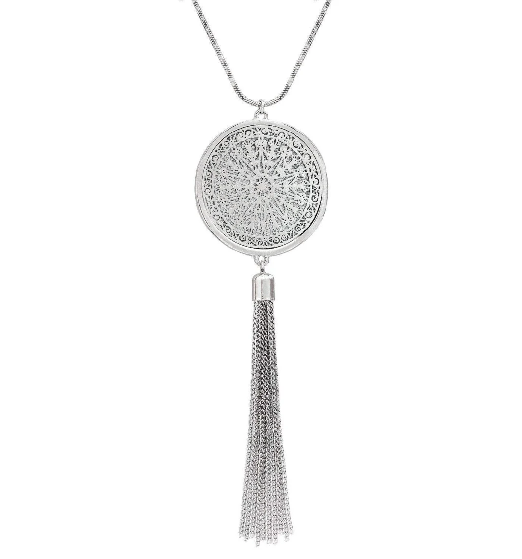 Long Necklaces for Woman Disk Circle Pendant Necklaces Tassel Fringe Necklace