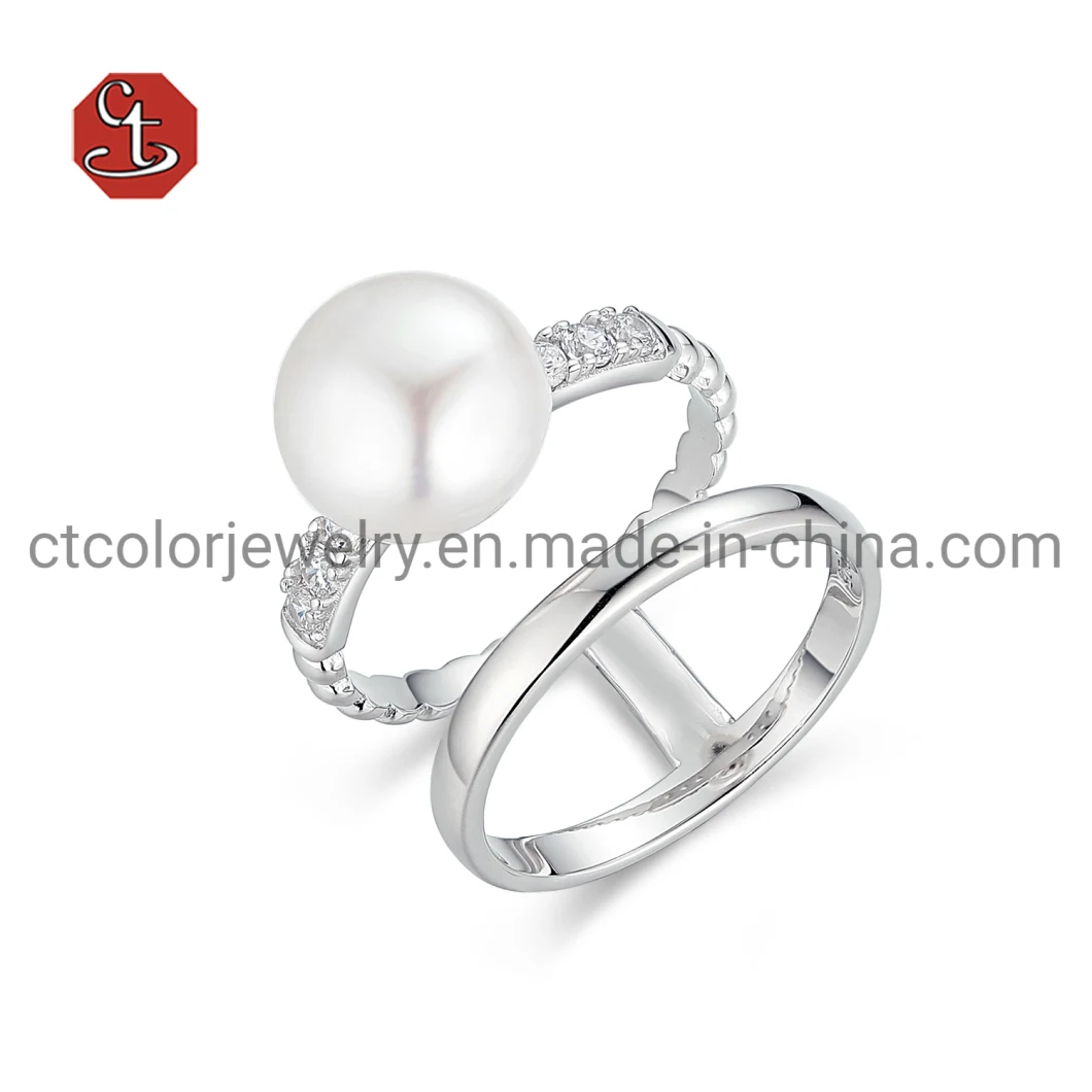 Exquisite Korean Version Jewelry White Shell Pearl Ring with CZ