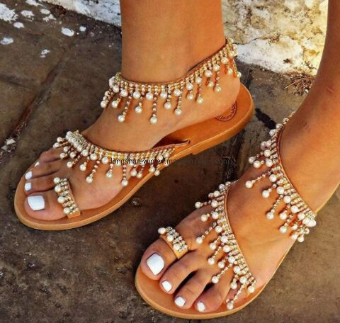 Flat Heel Summer Sandal for Women with a String of Beads Pearl