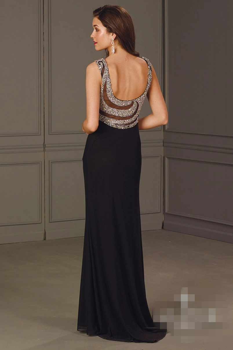Formal Black Prom Party Dresses Crystal Custom Beads Evening Dress Sheer Back Crystal Celebrity Women Dresses