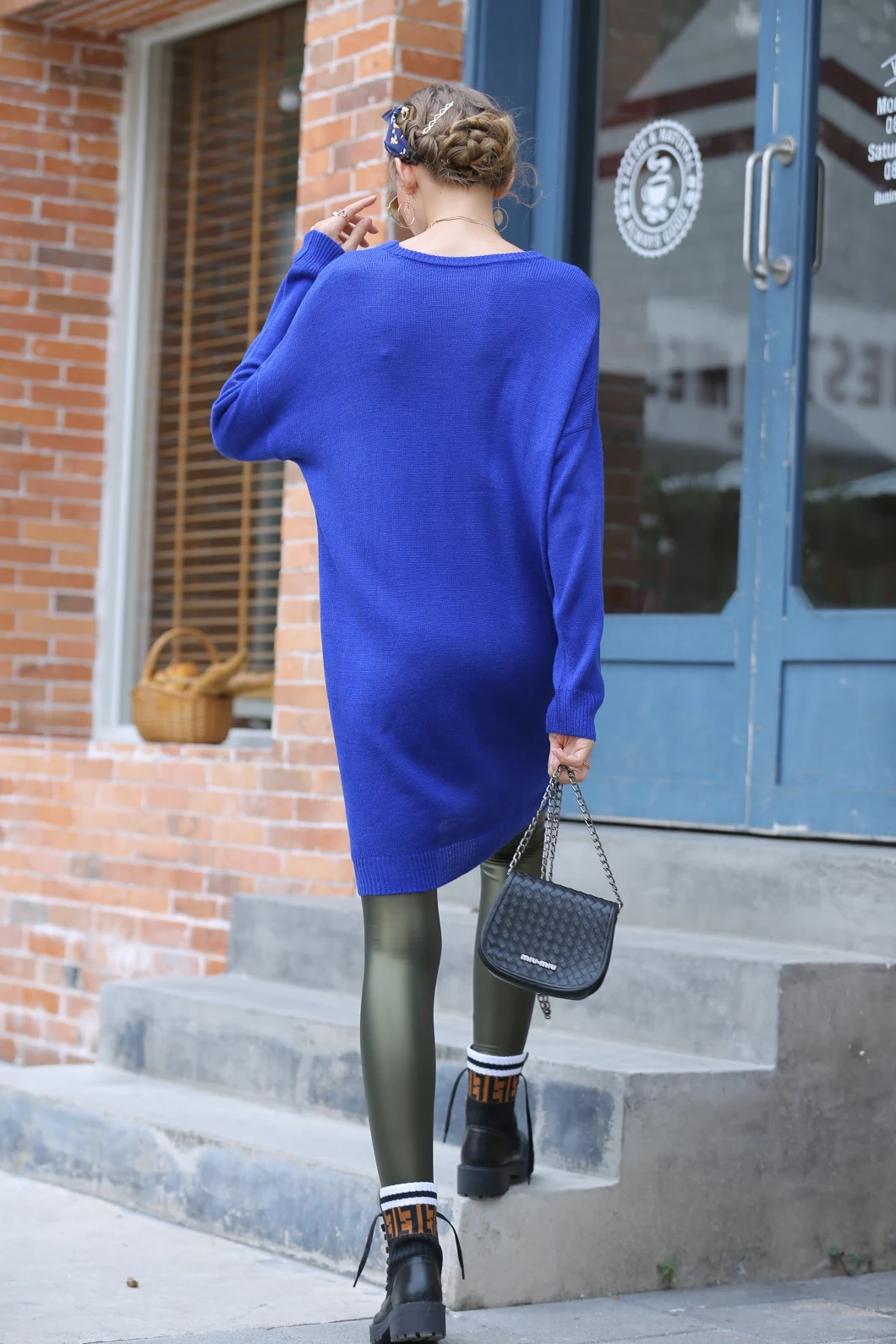 Round Neck Apparel Pullover Loose Sweater Jacquard Long Knitted Dress