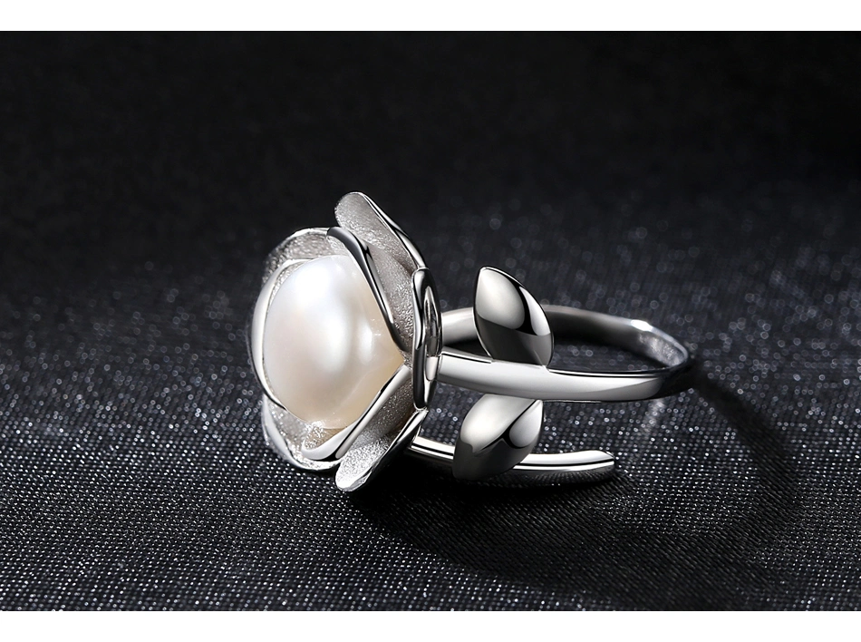 Rose Flower Shape Platinum Gold Plated Silver Freshwater Pearl Rings