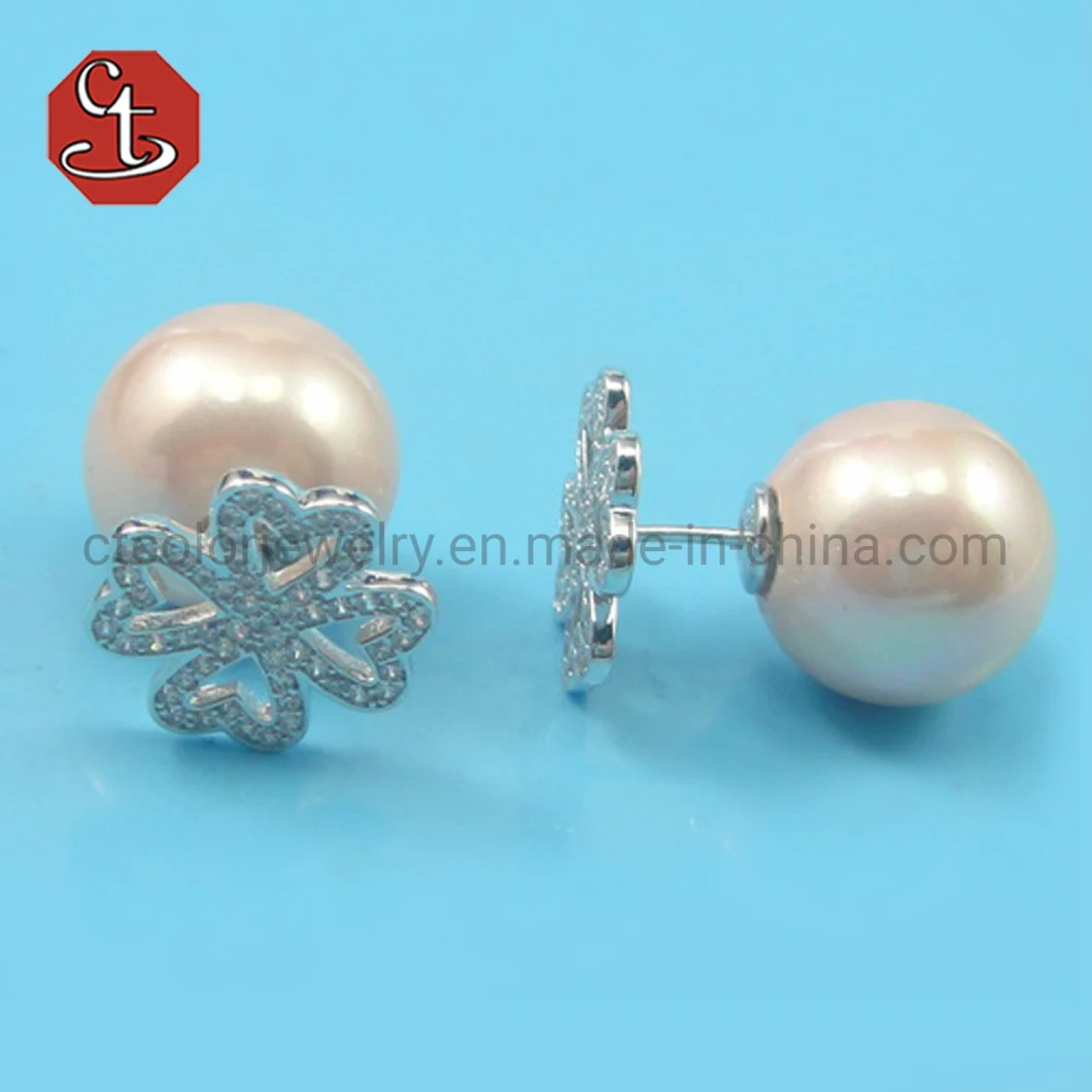 Elegant Champagne Pearl Jewelry Double Side Shell Pearl Studs for Women Big Beads Flowers Earrings