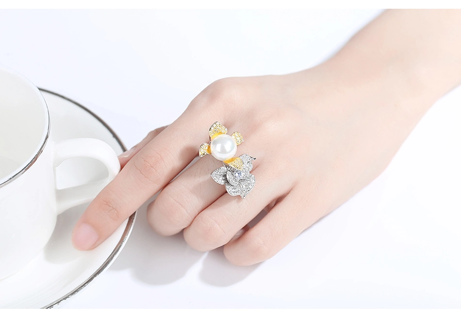 High Quality Flower Gold Plated S925 Silver CZ Freshwater Pearl Ring