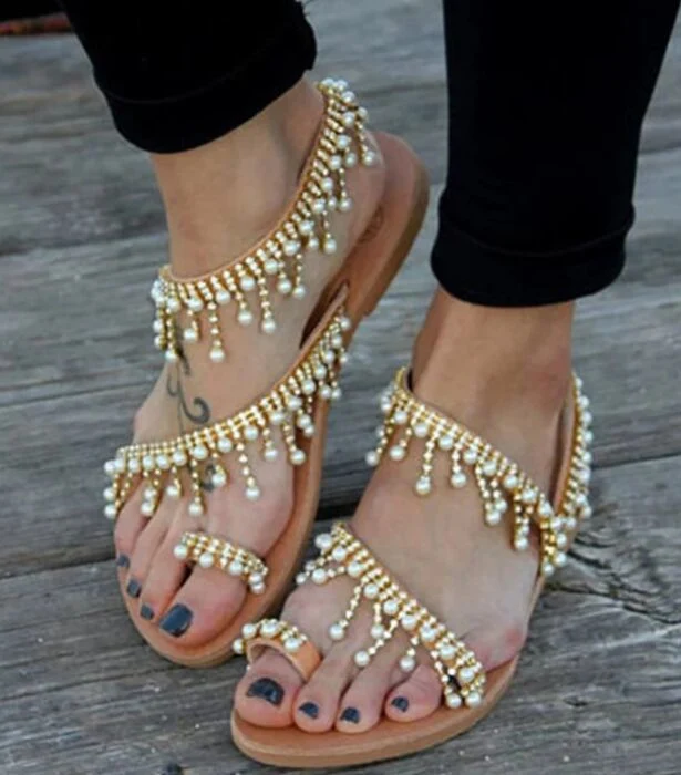Roman Pearl Sandals Large Size Handmade Beaded Woman Shoes