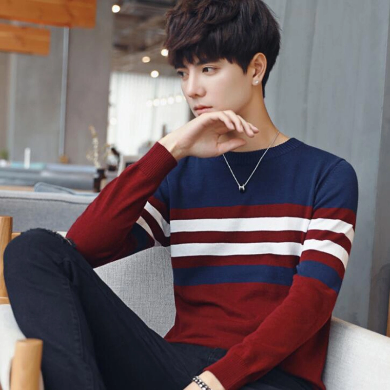 Korean Style Mens Loose Cotton Striped Round Neck Sweater Pullovers