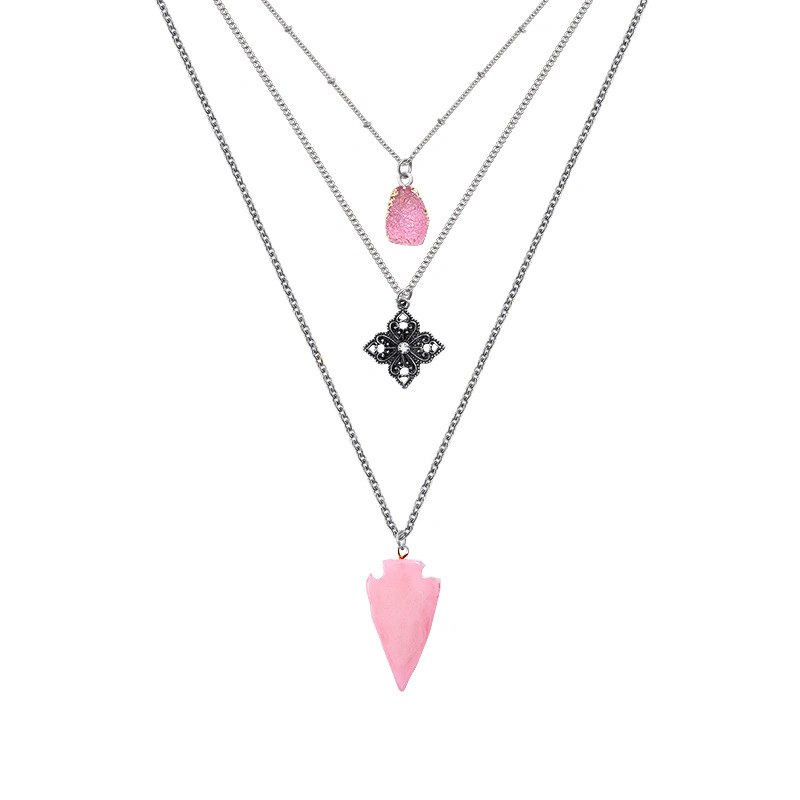 Long Multi-Layer Carved Diamond-Studded Pink Natural Stone Necklace