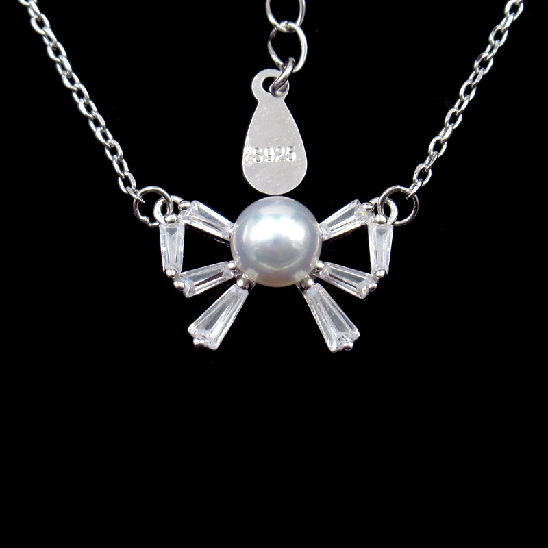 Elegant Design Bow Knot Pure Sliver Necklace with Single Pearl Jewelry