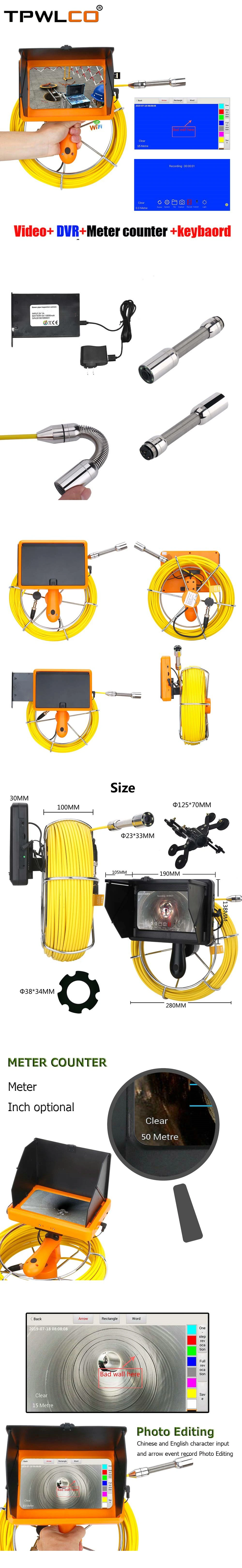 Handheld Industrial Pipe Sewer Inspection Video Camera with Meter Counter/WiFi Wireless