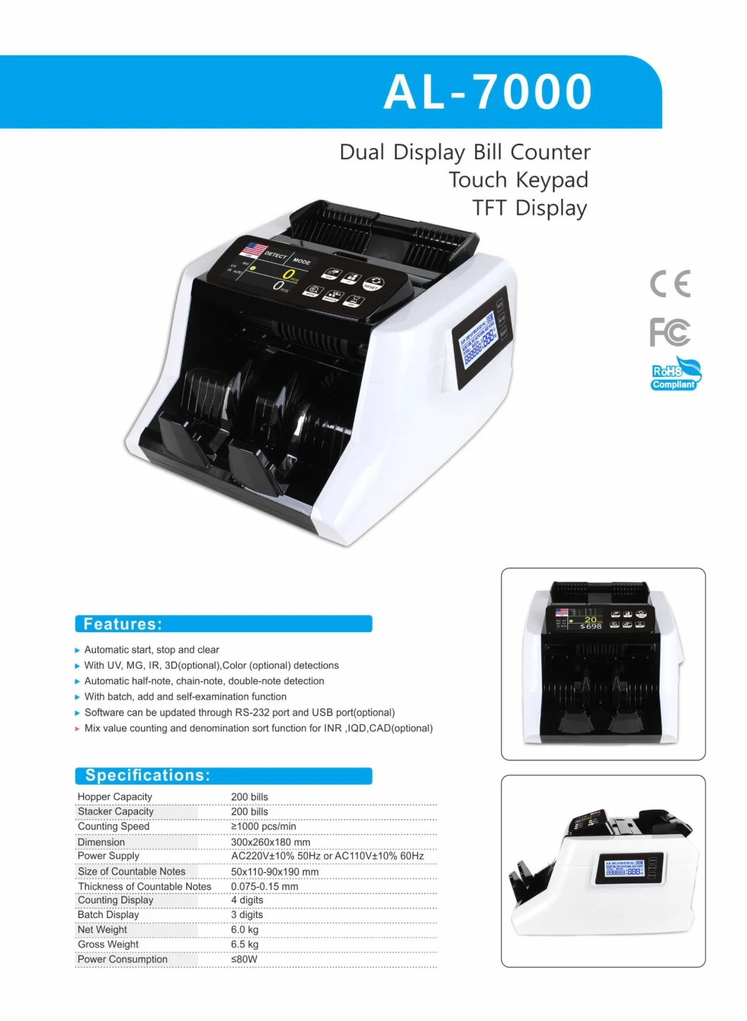 Al-7000 Modern Design Note Counting Machine Cash Counting Machine Currency Counting Machine with Double Display