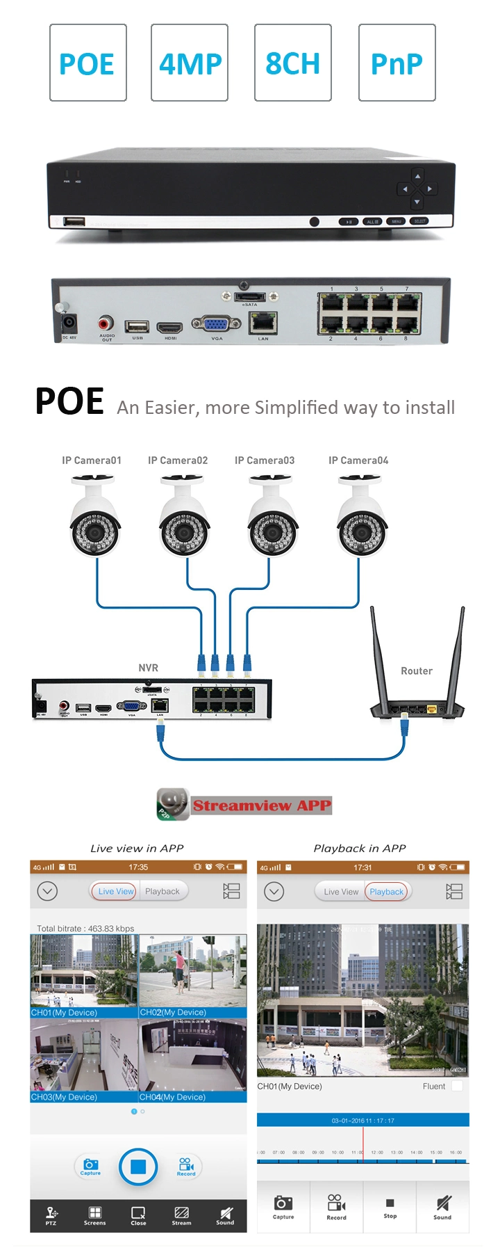 8CH 4MP Poe NVR for Smartphone Real Time Monitoring