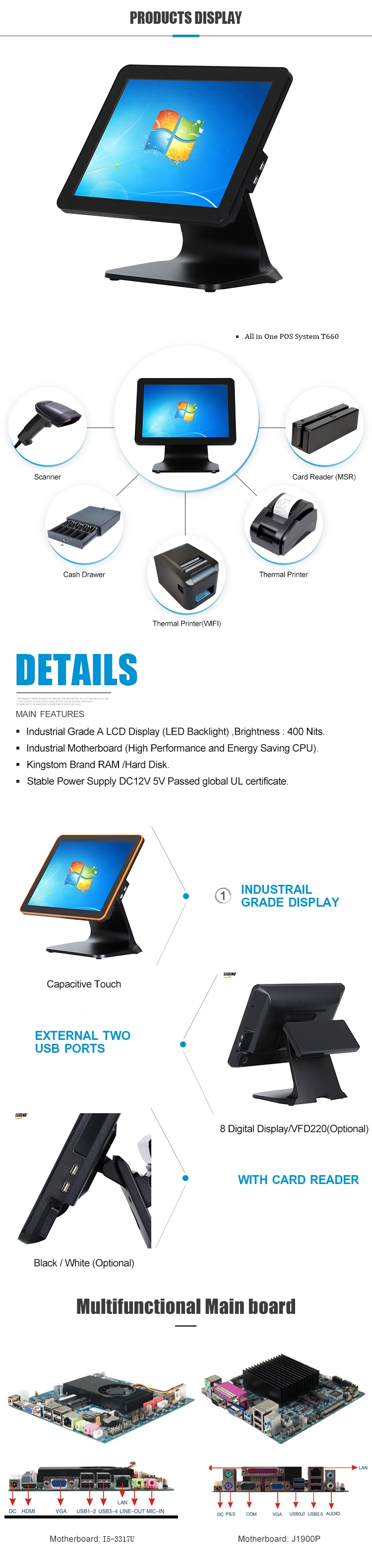 Retail Point of POS Sale 10 Points Capacitive Touchscreen with VFD and 12 Inch Customer Display Optional