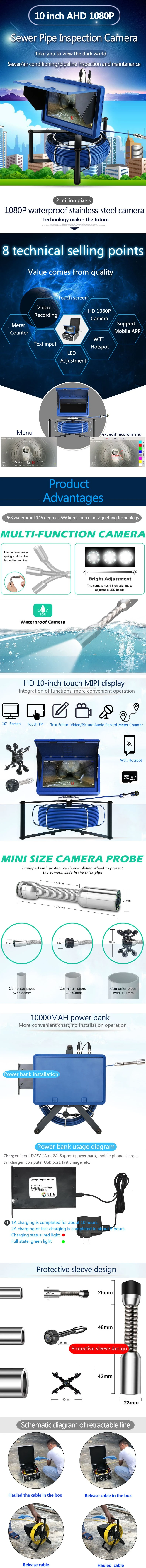 Handheld Industrial Pipe/Sewer Drain Inspection Video Camera with WiFi Wireless/Meter Counter