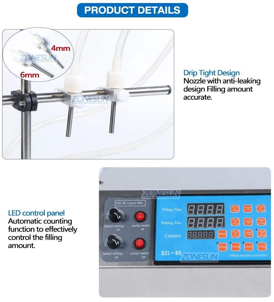 Zonesun 2 Head Semi Automatic Peristaltic Pump Liquid for Liquid Perfume Water Juice Essential Oil Filling Machinery