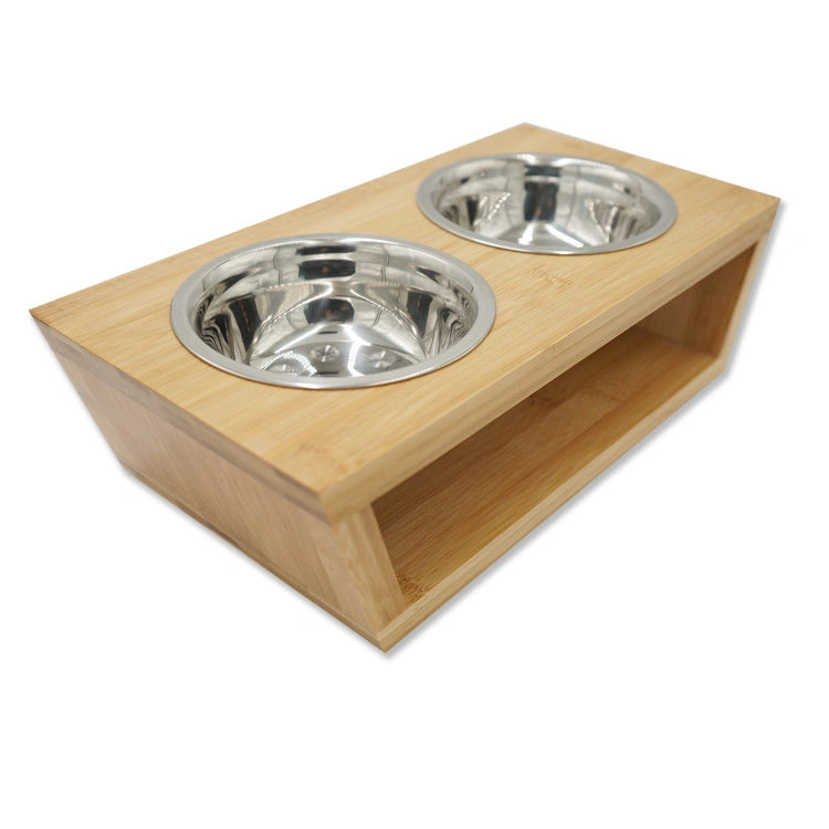 Bamboo Pet Stand Feeder Food Water Feeding Station  with 2 Stainless Steel Bowls for Dogs and Cats as Pet Feeder Elevated