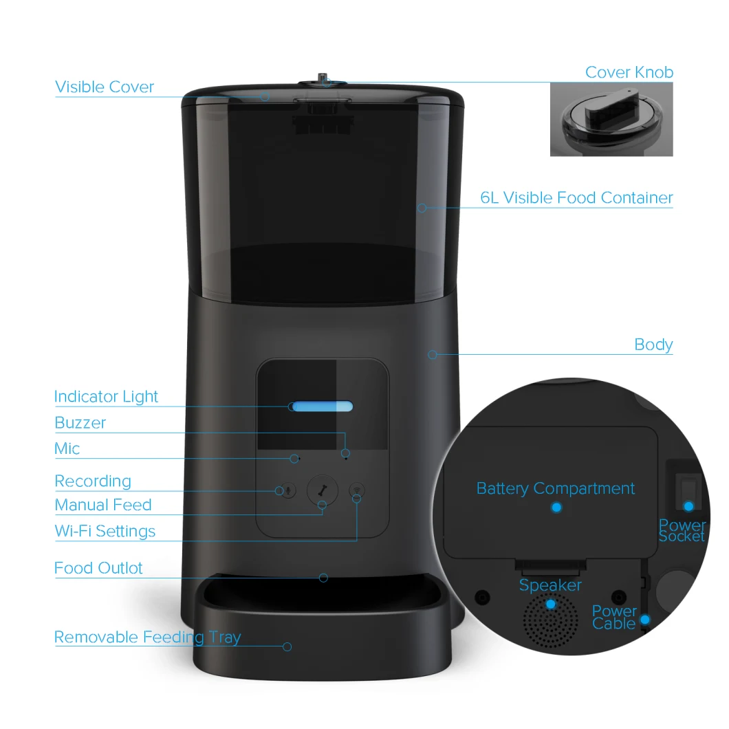 6L Black Timed Dog Feeder with Speaker by Schedule Remote Control