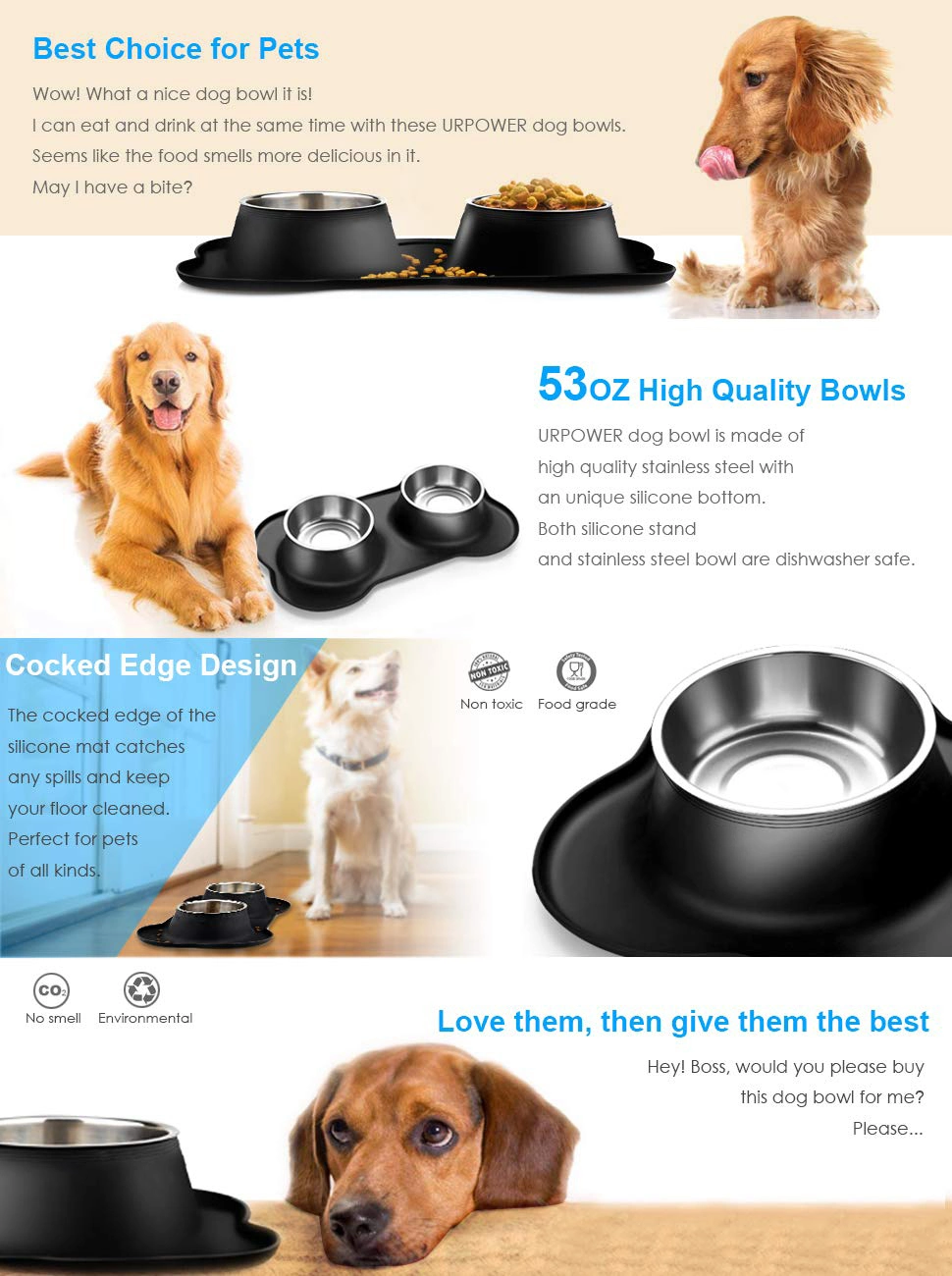 Water Food Feeder Stainless Steel Pet Dog Double Bowl with Non Spill Skid Resistant Silicone Mat