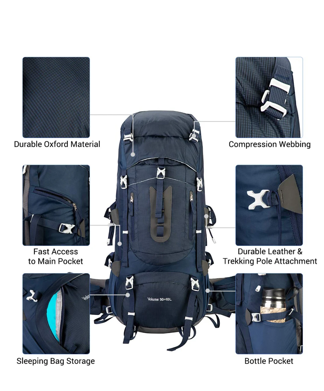 Hiking Backpack with Rain Cover for Trekking Camping Mountaineering Climbing Extra Large 50L+10L