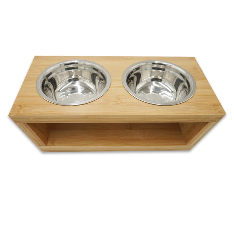 Bamboo Pet Stand Feeder Food Water Feeding Station  with 2 Stainless Steel Bowls for Dogs and Cats as Pet Feeder Elevated