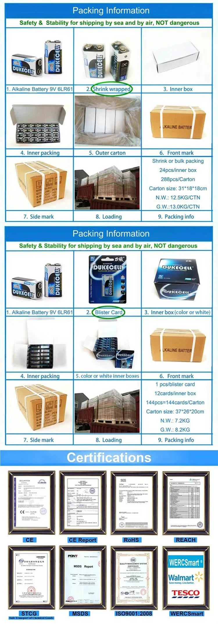 High Capacity Long Shelf Life Environmentall-Friendly 6LR61 Alkaline Battery