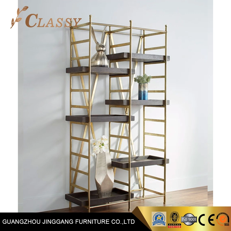 Antique Gold and Natural Wood Combination Living Room Decoration Shelves with Metal Frame Design