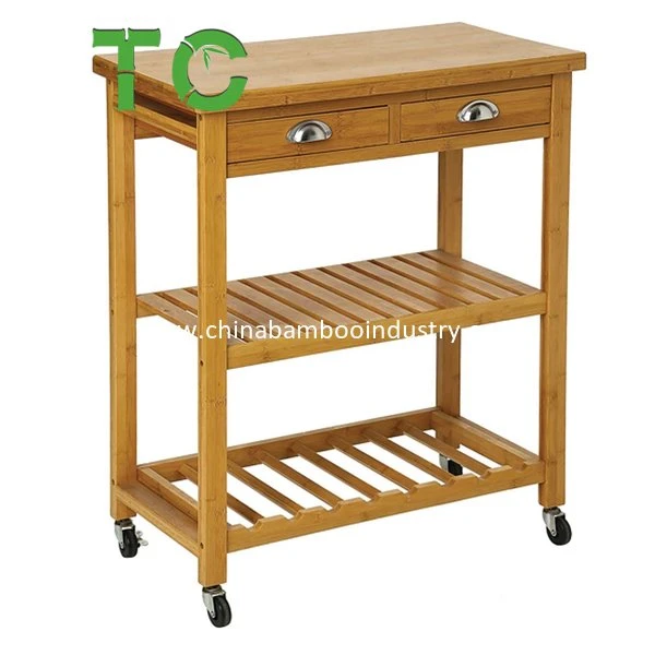 Bamboo Serving Trolley Kitchen Cart with Two Shelves and Two Drawers Serving Trolley Kitchen Trolley Multifunction Rolling Kitchen Cart