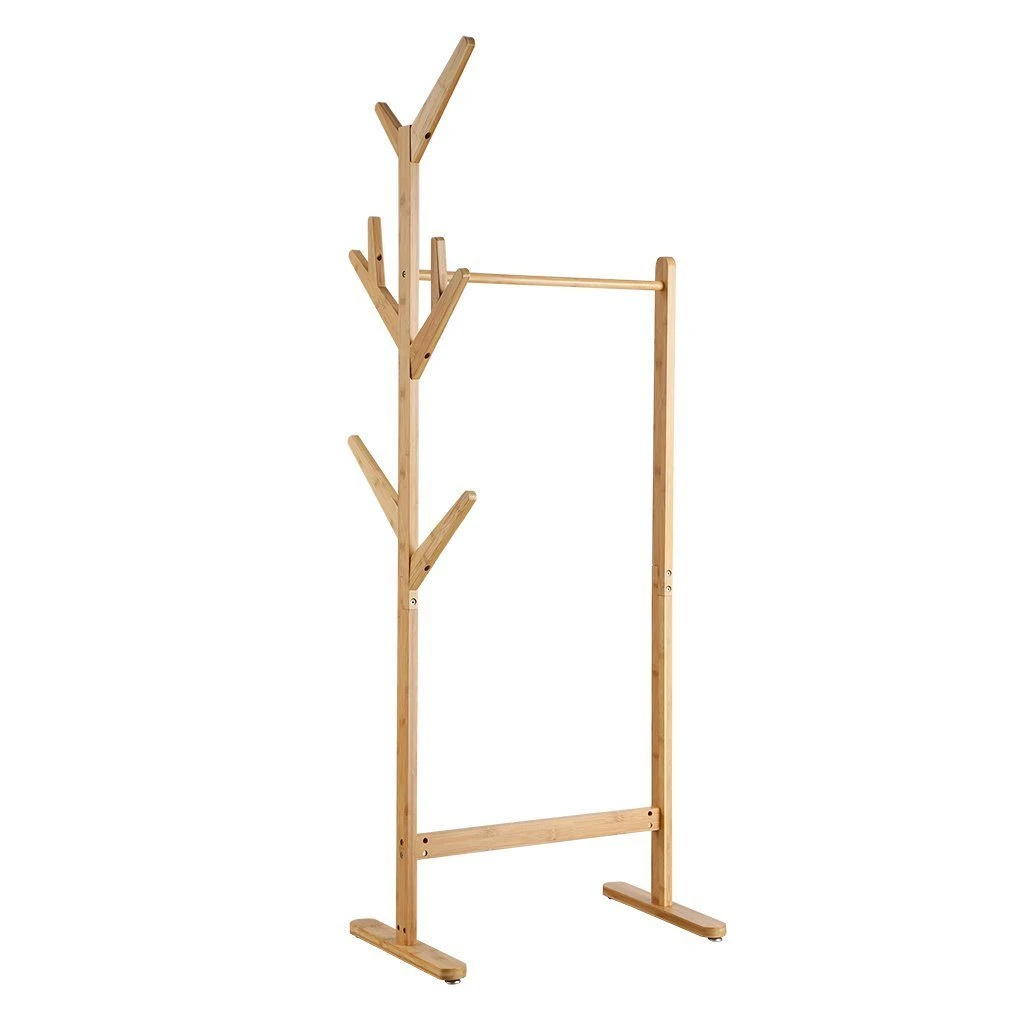 Living Room Bamboo Clothes Rack Coat Hanger with Shelves_Fsc & BSCI Factory