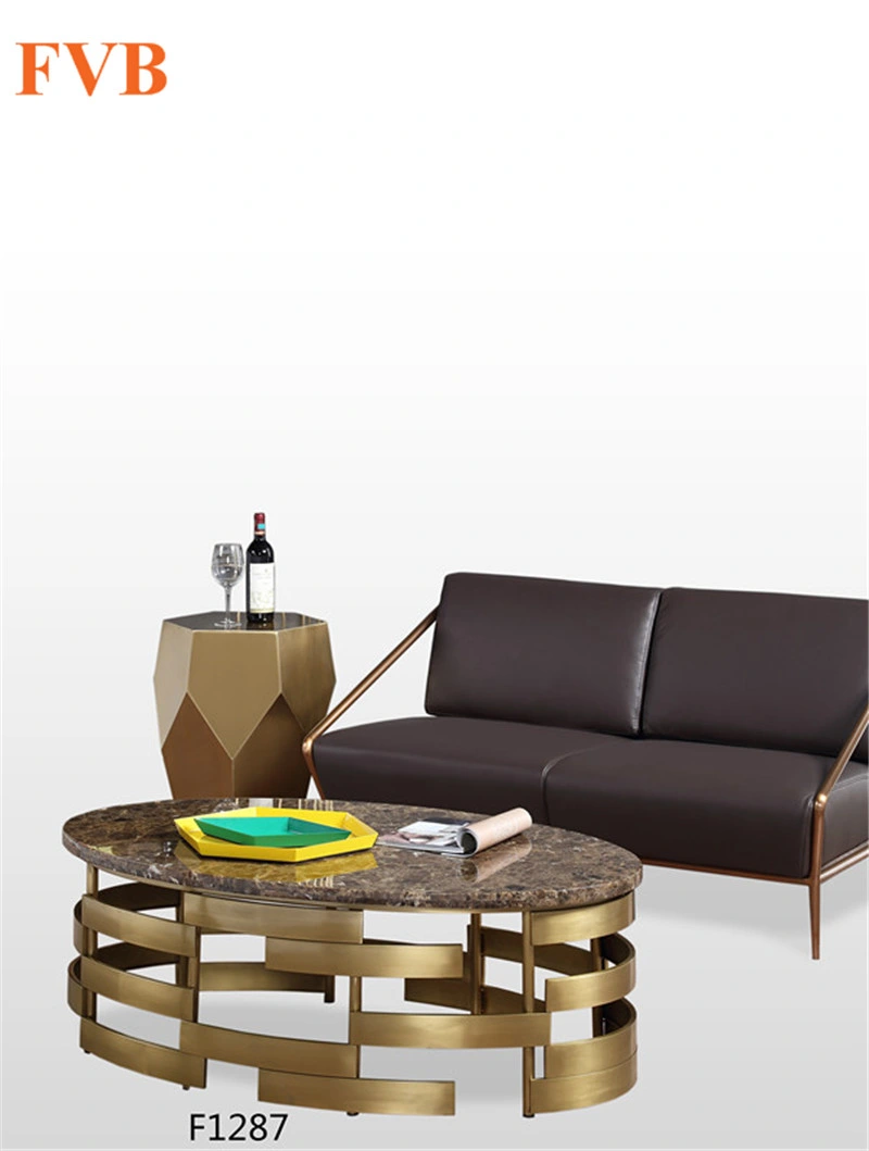 Modern Coffee Table with Stainless Steel Base and Round Nature Marble Top