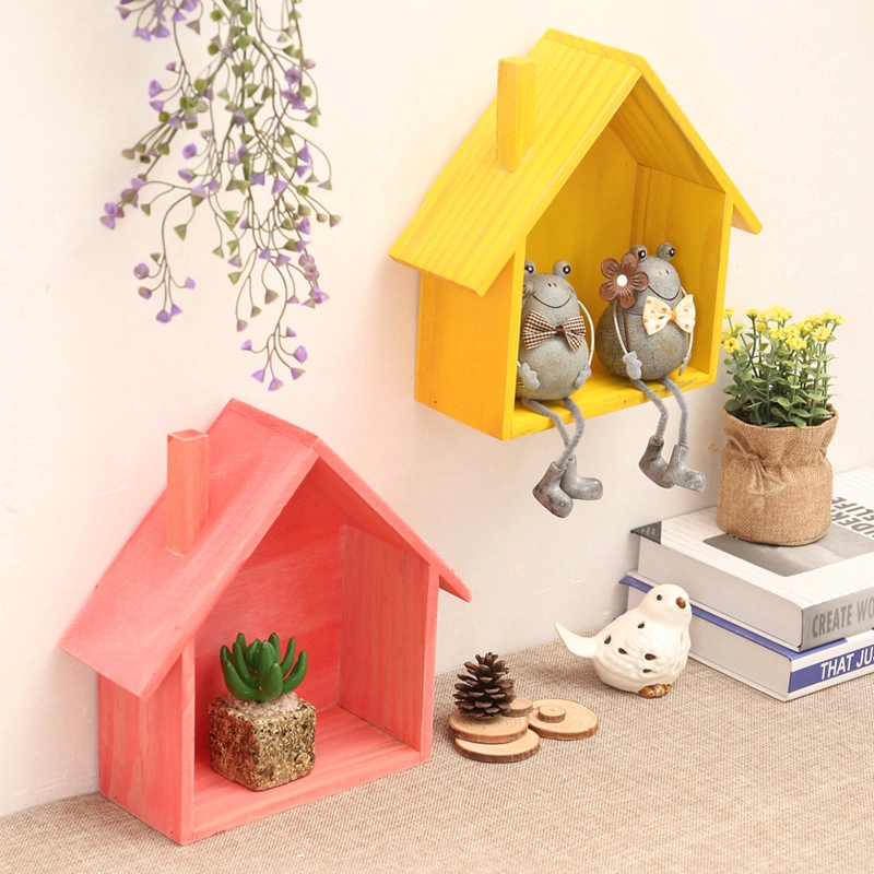 Retro Color Wooden Small House Wall Shelf Wall-Mounted Decorative Bookshelf