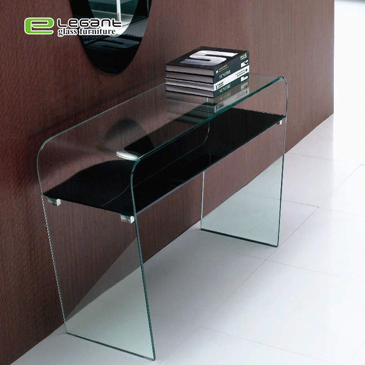 Curved Clear Glass Console Table with Small Built-in Shelf