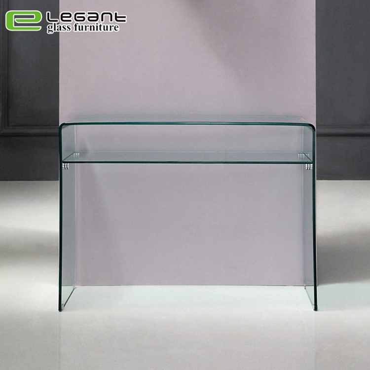 Curved Clear Glass Console Table with Small Built-in Shelf