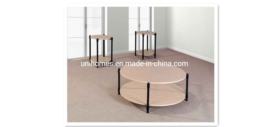 Rustic Industrial Round Steel Coffee Table with Open Shelf Beige