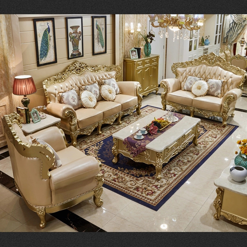 Wood Carved Classic Leather Sofa Set with Marble Table in Optional Sofa Seats and Furniture Color