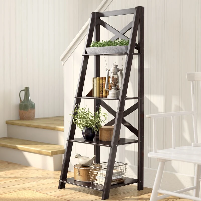 Home Furniture Double X Design 4-Tier Office Wall Ladder Bookcase Shelf for Living Office Room