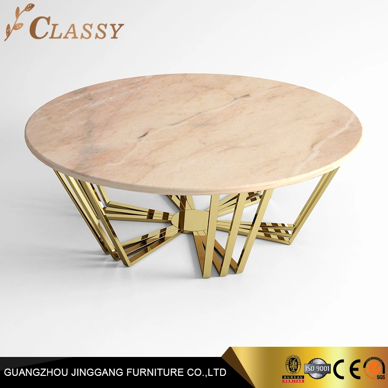 Natural Marble Luxury Round Coffee Table in Shiny Golden Stainless Steel Base