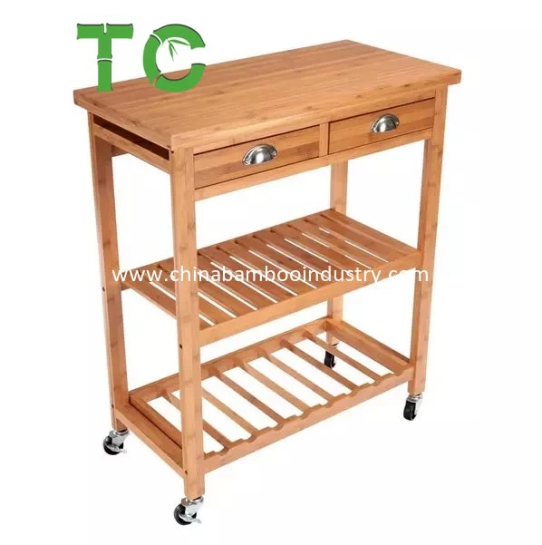 Bamboo Serving Trolley Kitchen Cart with Two Shelves and Two Drawers Serving Trolley Kitchen Trolley Multifunction Rolling Kitchen Cart
