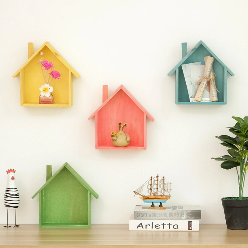 Retro Color Wooden Small House Wall Shelf Wall-Mounted Decorative Bookshelf