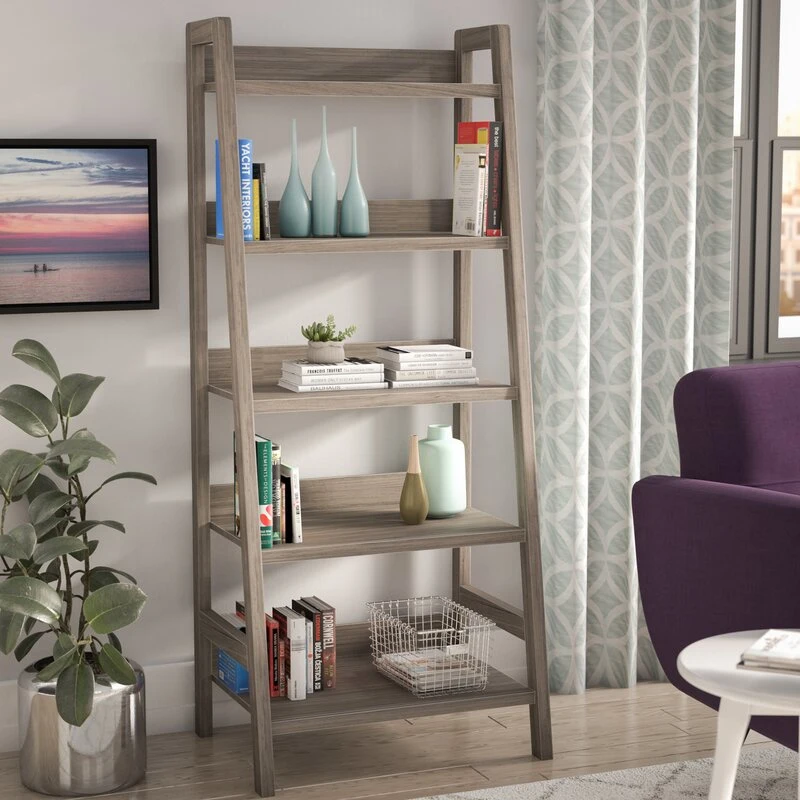 Home Furniture Gray Finish 5-Tier Office Wall Ladder Bookcase Shelf for Living Office Room