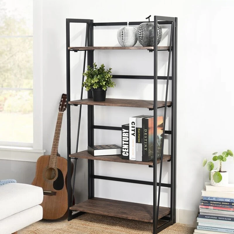 Home Furniture Walnut/Black Etagere Wood Office Wall Ladder Bookcase Shelf for Living Office Room