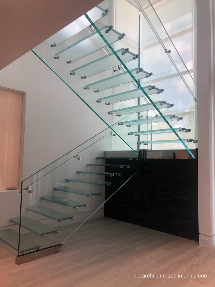 Ace Villa Floating Glass Stair Invisible Stringer Straight Glass Staircase