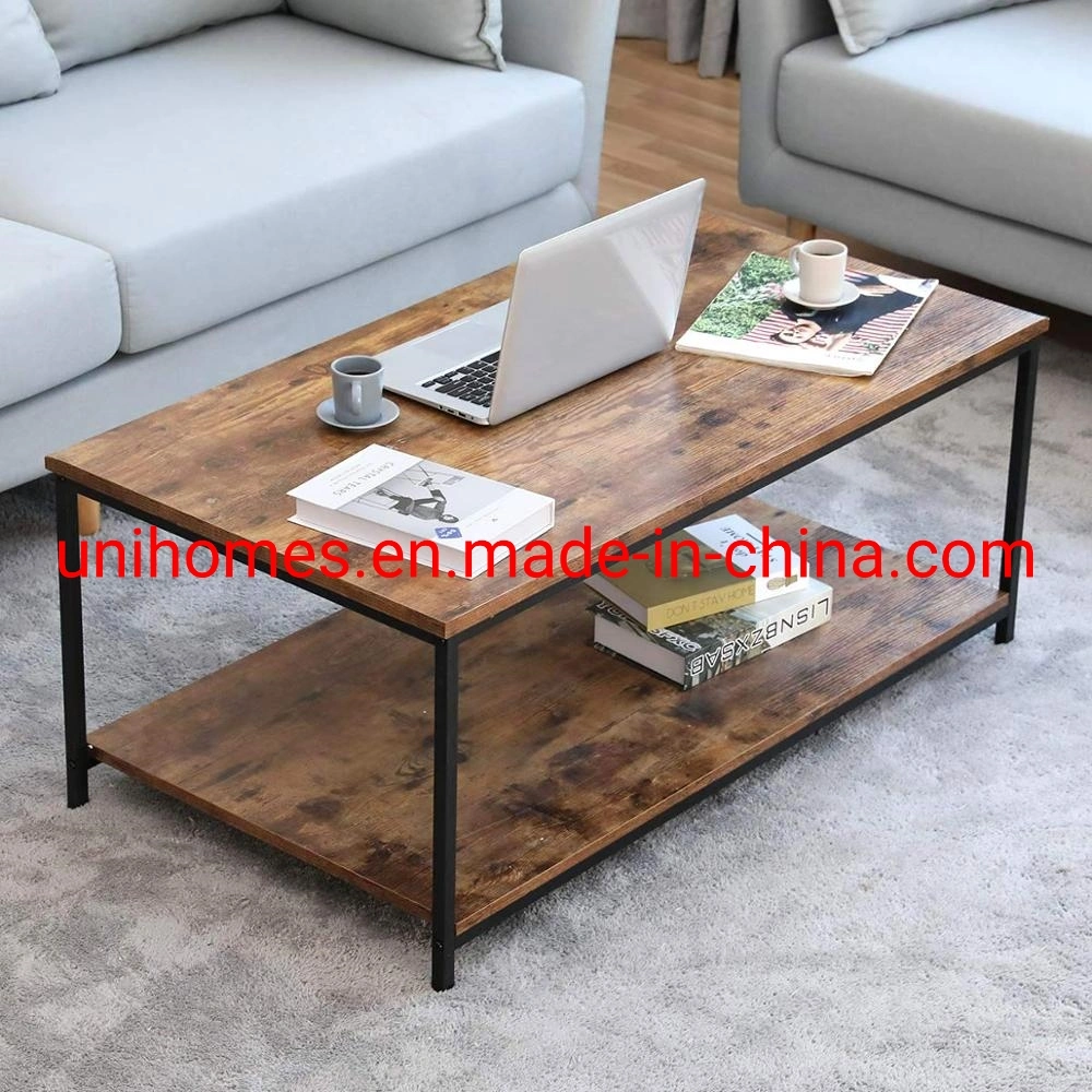 Wood and Black Industrial Metal Compact Home Living Room Coffee Table
