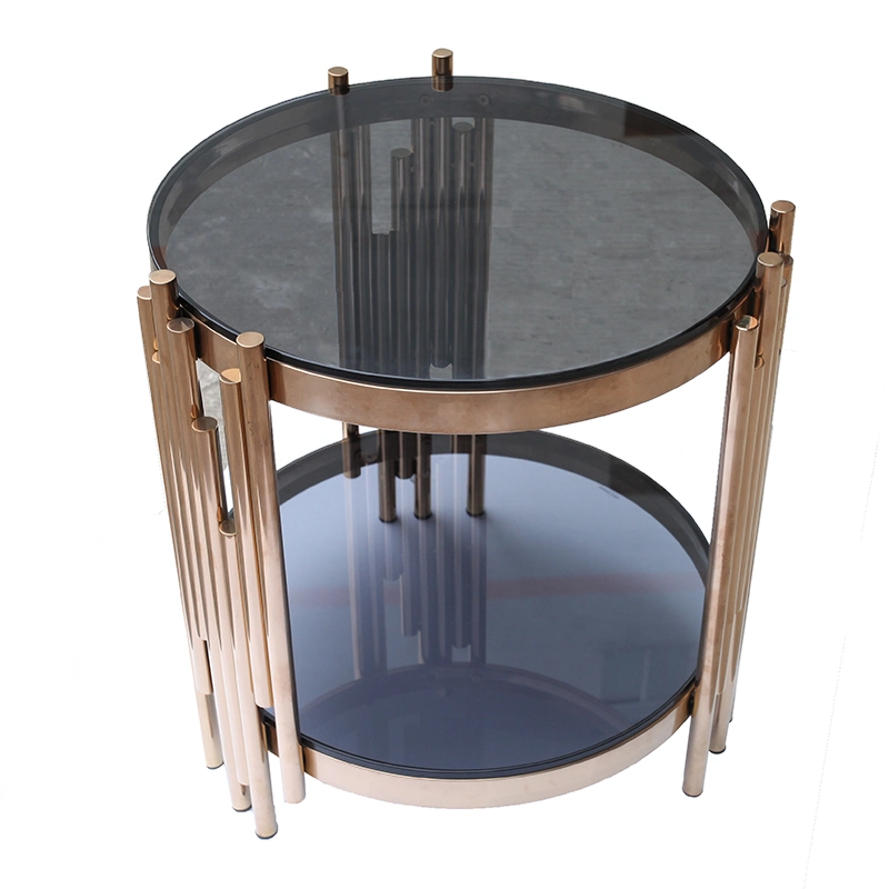 Round Coffee Table for Living Room with Tempered Glass Top & Metal Frame, 2-Tier Open Shelf Storage, Sturdy and Rustic