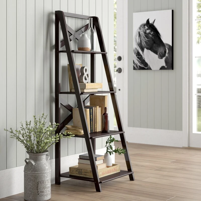Home Furniture Double X Design 4-Tier Office Wall Ladder Bookcase Shelf for Living Office Room